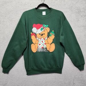 Vintage Velva Sheen Christmas Teddy‎ Bear Green Sweatshirt  Medium 80s 90s